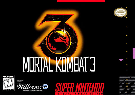 Mortal Kombat 3 Super Nintendo Entertainment System SNES video game, fighting action, arcade-style combat, classic Mortal Kombat franchise title cover