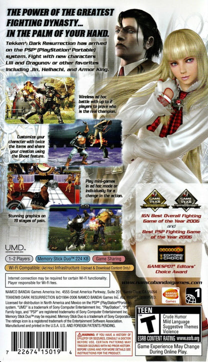 Tekken Dark Resurrection PlayStation Portable PSP video game featuring 3D fighting gameplay iconic Tekken characters martial arts combat special moves combo attacks arena battles competitive matches character customization and classic handheld PlayStation gameplay retro video game collection collectible gaming appeal back cover art