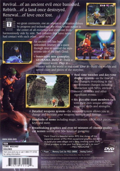Dark Cloud for PlayStation 2 with action-RPG adventure and city-building gameplay back cover art