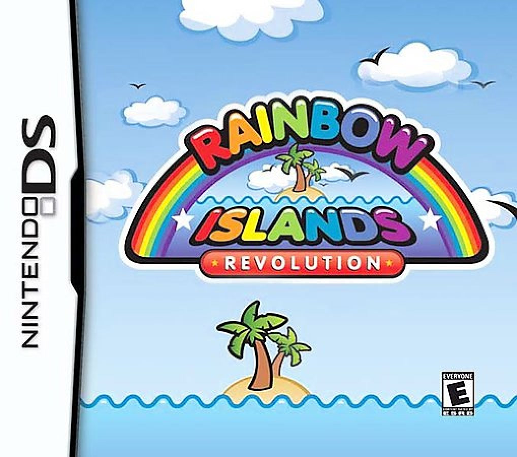 Game case for 'Rainbow Islands Revolution' on Nintendo DS with a colorful rainbow and island design.