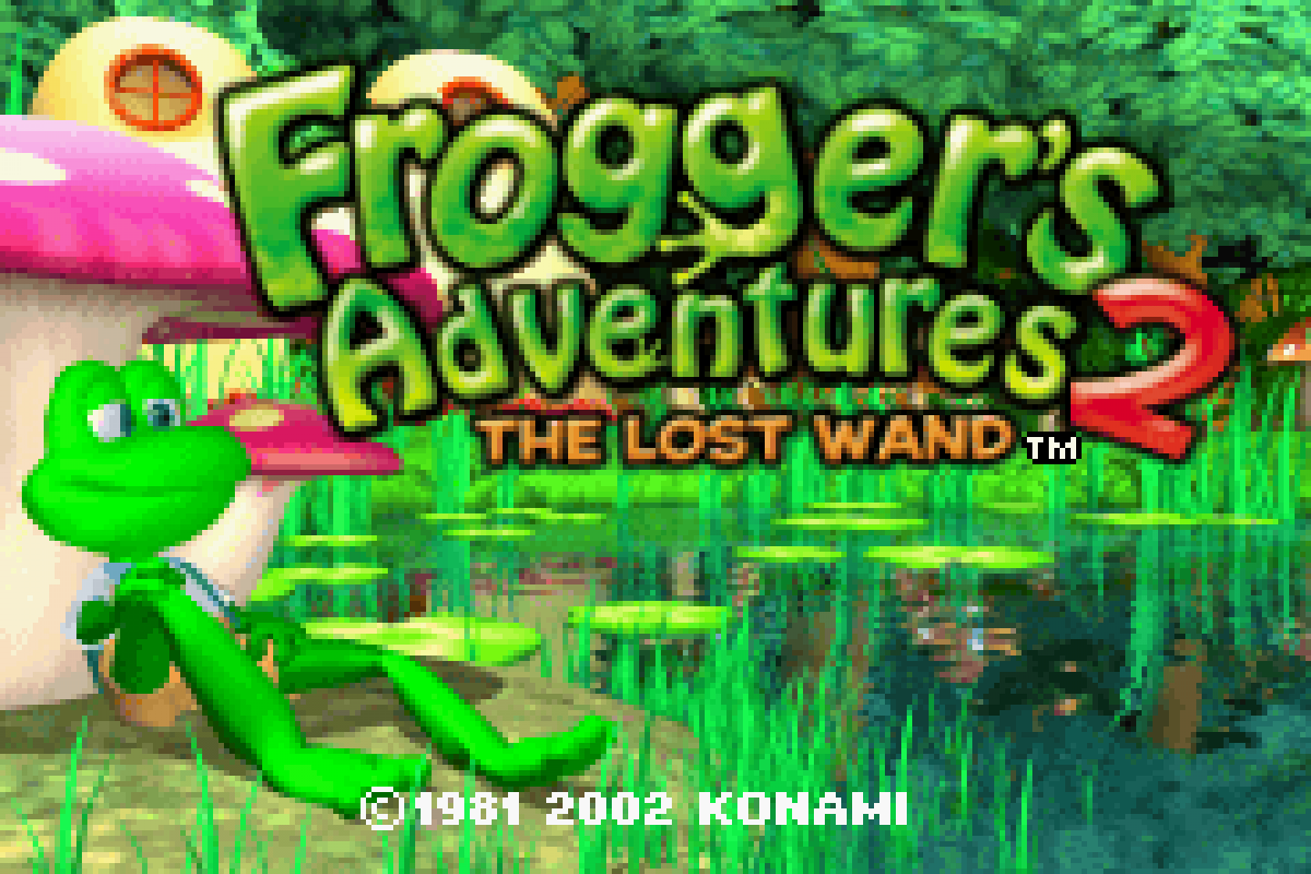 Frogger’s Adventures 2 The Lost Wand for Game Boy Advance, title screen for an action-adventure platformer video game with puzzle-solving gameplay, fantasy environments, character-based challenges, and classic arcade-style action