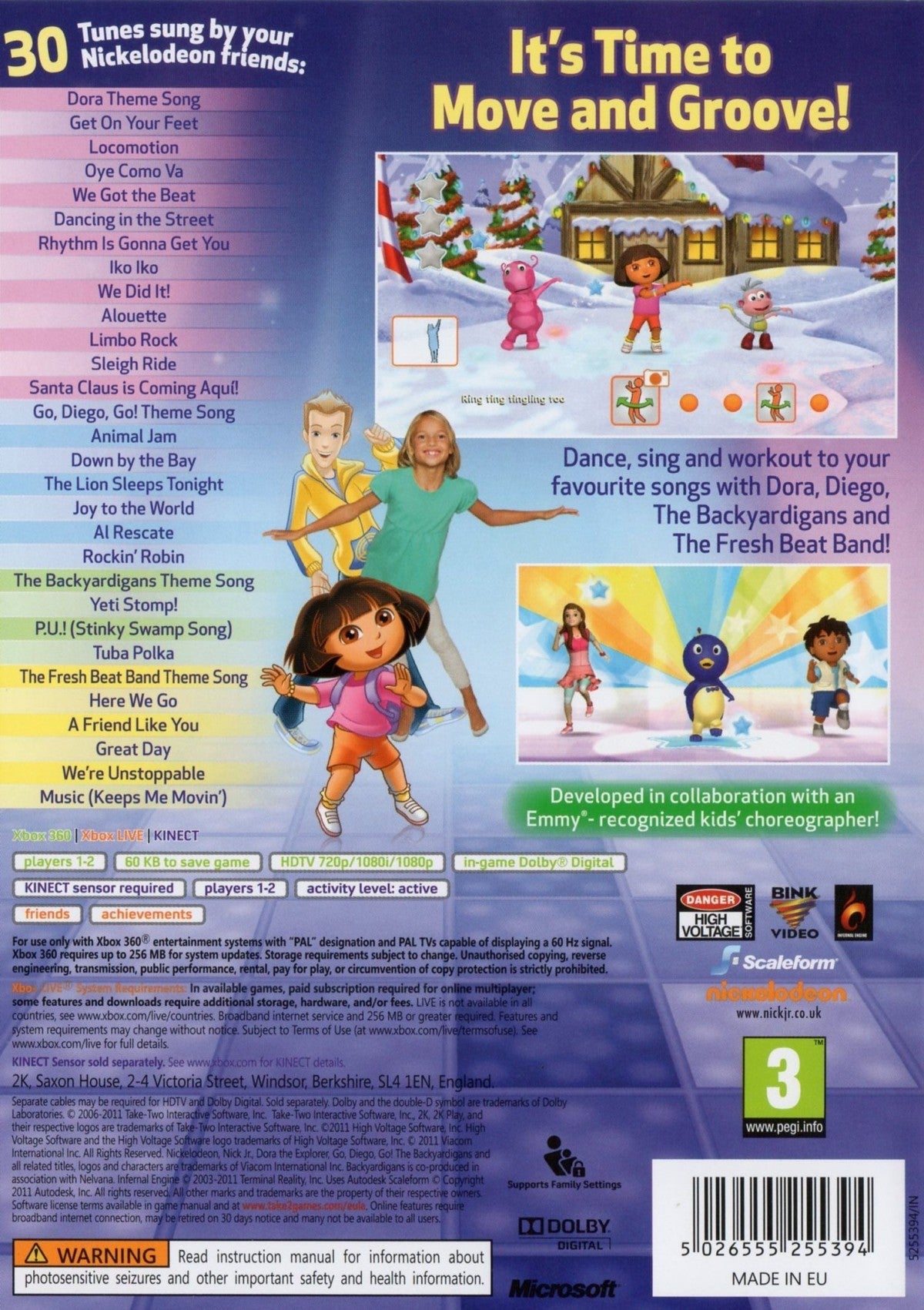 Nickelodeon Dance for Xbox 360 with kid-friendly dance routines featuring popular Nickelodeon characters back cover