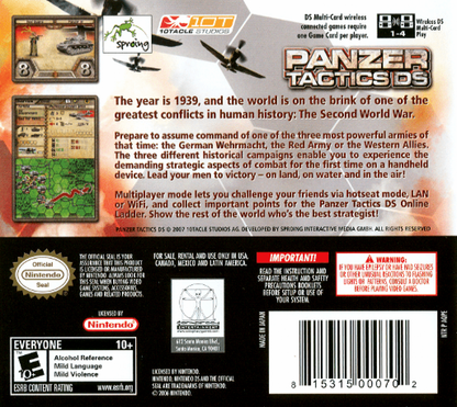 Panzer Tactics back of case for Nintendo DS (DS) turn-based strategy war video game