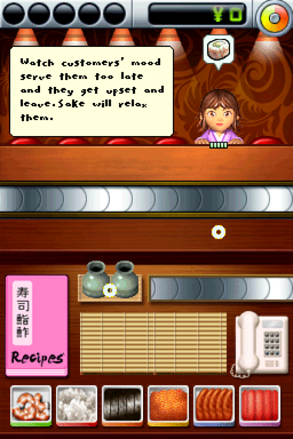 Sushi Go Round Nintendo DS DS video game featuring restaurant management simulation gameplay sushi chef challenges Japanese cuisine preparation ingredient matching fast paced order fulfillment customer service time management cooking mini games sushi rolls nigiri rice preparation kitchen upgrades and challenging restaurant levels colorful food themed graphics and classic Nintendo DS handheld gaming retro video game collection collectible gaming appeal gameplay