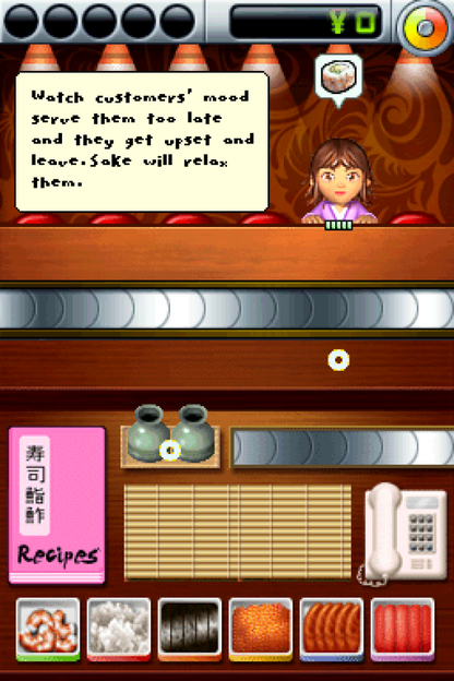 Sushi Go Round Nintendo DS DS video game featuring restaurant management simulation gameplay sushi chef challenges Japanese cuisine preparation ingredient matching fast paced order fulfillment customer service time management cooking mini games sushi rolls nigiri rice preparation kitchen upgrades and challenging restaurant levels colorful food themed graphics and classic Nintendo DS handheld gaming retro video game collection collectible gaming appeal gameplay