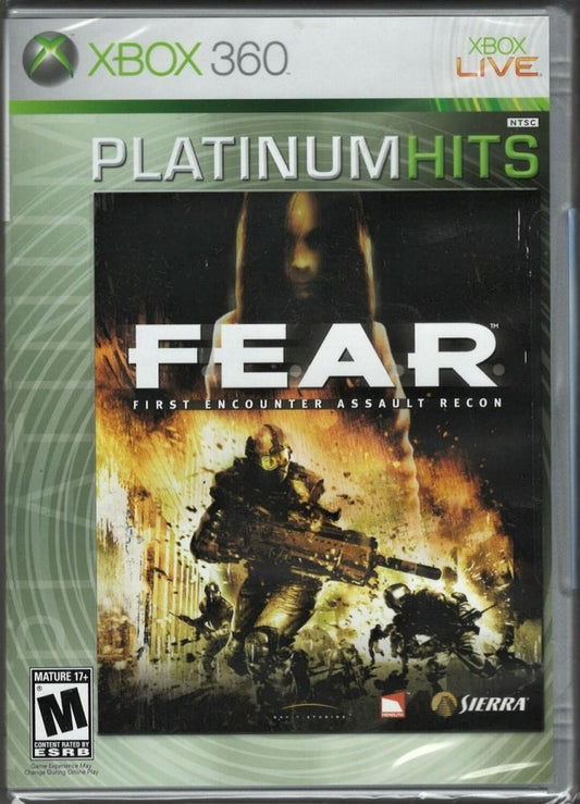 F.E.A.R. Platinum Hits for Xbox 360 first person shooter survival horror video game featuring intense supernatural combat, psychological terror, cinematic storytelling, and immersive atmospheric gameplay experience cover art