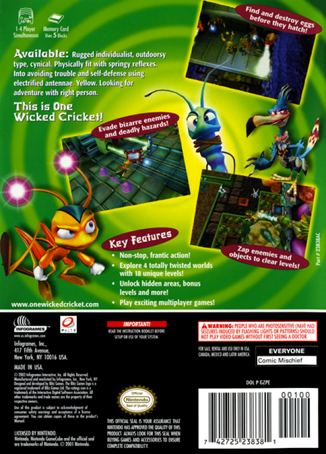 Zapper One Wicked Cricket GameCube game featuring action platformer gameplay and colorful insect-themed adventure back cover