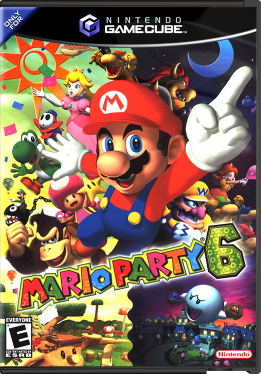Mario Party 6 game for the Nintendo GameCube featuring party style gameplay with board game mechanics day and night cycle system mini games multiplayer modes and competitive challenges starring Mario and friends across themed boards cover