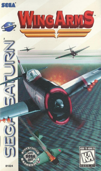 Wing Arms Sega Saturn flight combat simulator aerial dogfighting missions World War style aircraft third person flight action campaign mode Hudson Soft arcade style flying gameplay retro Saturn game Sega Saturn software video game title front cover