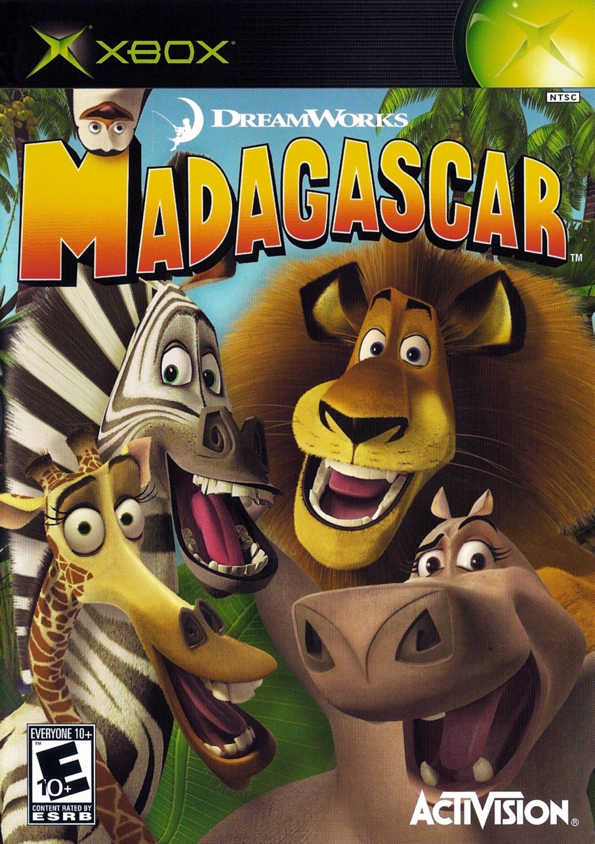 Madagascar Xbox action-adventure video game based on the DreamWorks animated film starring Alex the Lion Marty the Zebra Melman the Giraffe Gloria the Hippo and the penguins jungle safari levels New York zoo escape island survival cooperative gameplay character swapping platforming puzzle solving movie voice actors licensed tie-in front cover