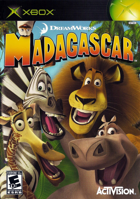 Madagascar Xbox action-adventure video game based on the DreamWorks animated film starring Alex the Lion Marty the Zebra Melman the Giraffe Gloria the Hippo and the penguins jungle safari levels New York zoo escape island survival cooperative gameplay character swapping platforming puzzle solving movie voice actors licensed tie-in front cover