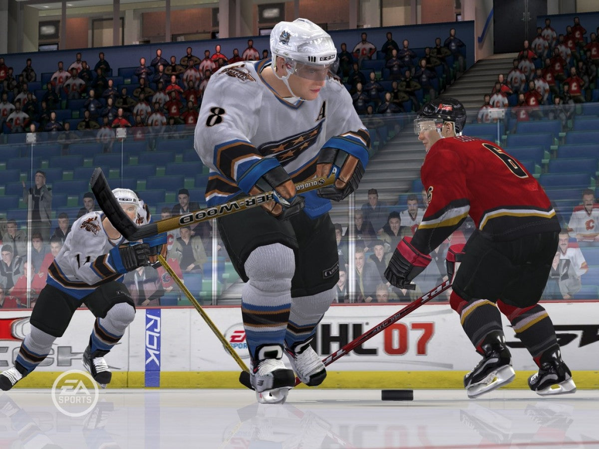 NHL 07 Xbox original Xbox hockey sports game EA Sports ice hockey simulation NHL teams players season mode franchise mode multiplayer gameplay realistic skating puck control classic sports title Xbox software video game title gameplay