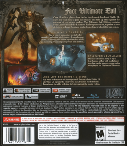 Diablo III [Ultimate Evil Edition] back cover art for PlayStation 3 (PS3) video game