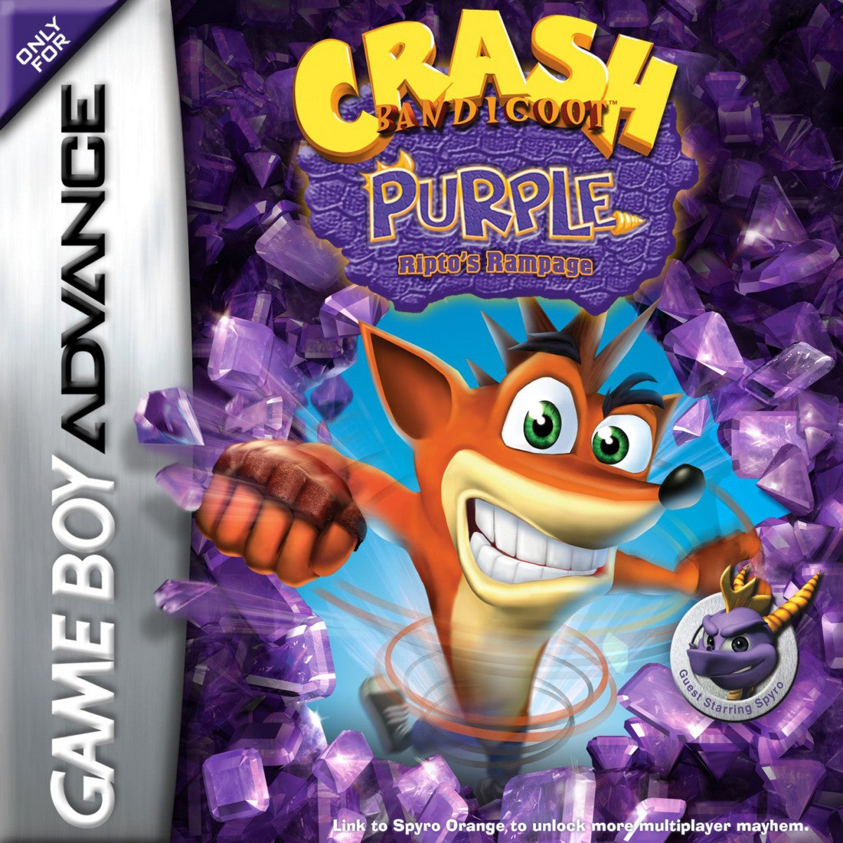 Crash Bandicoot Purple for Game Boy Advance, cover image for a party mini-game video game with crossover gameplay, character-based challenges, mini-games, and cartoon-style action