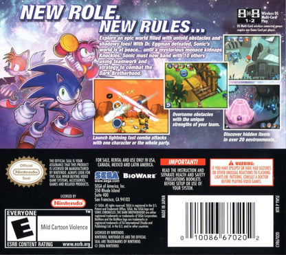 Sonic Chronicles The Dark Brotherhood Nintendo DS RPG Sonic the Hedgehog BioWare developed role playing game turn based combat dual screen handheld retro video game authentic DS cartridge classic Sonic series collectible gaming title back cover art