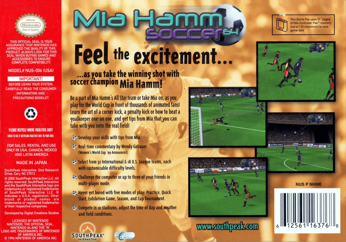 Mia Hamm Soccer 64 back cover art for Nintendo 64 N64 video game