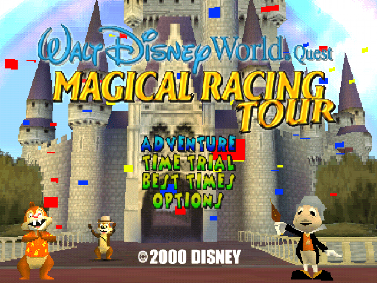 Walt Disney World Quest Magical Racing Tour PlayStation 1 kart racing game Disney parks attractions themed tracks multiplayer mode unlockable characters Disney Interactive title screen