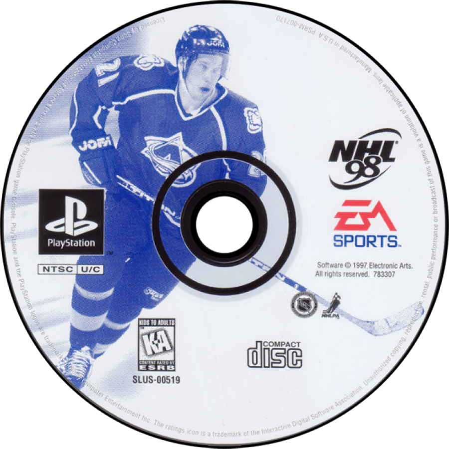 NHL 98 PlayStation 1 PS1 video game, ice hockey sports simulation, classic NHL teams and players, arcade-style gameplay disc