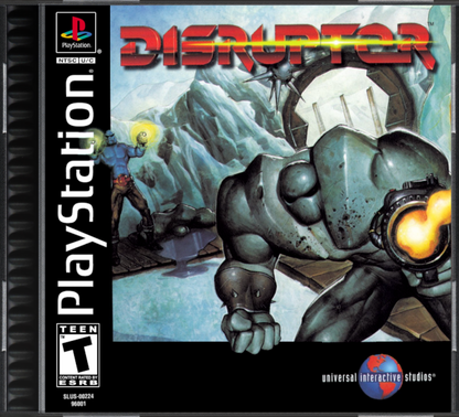 Disruptor PS1 PlayStation 1 first person shooter sci fi action game psychic powers futuristic combat Insomniac Games retro video game cover art