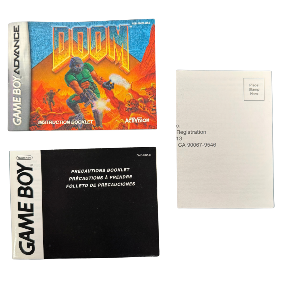 Doom CIB Nintendo Game Boy Advance GBA video game featuring classic first person shooter gameplay demon combat weapons action packed levels Mars exploration intense enemy encounters and retro shooting action complete in box CIB edition Game Boy Advance collection collectible gaming appeal manuals