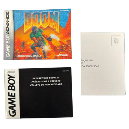 Doom CIB Nintendo Game Boy Advance GBA video game featuring classic first person shooter gameplay demon combat weapons action packed levels Mars exploration intense enemy encounters and retro shooting action complete in box CIB edition Game Boy Advance collection collectible gaming appeal manuals