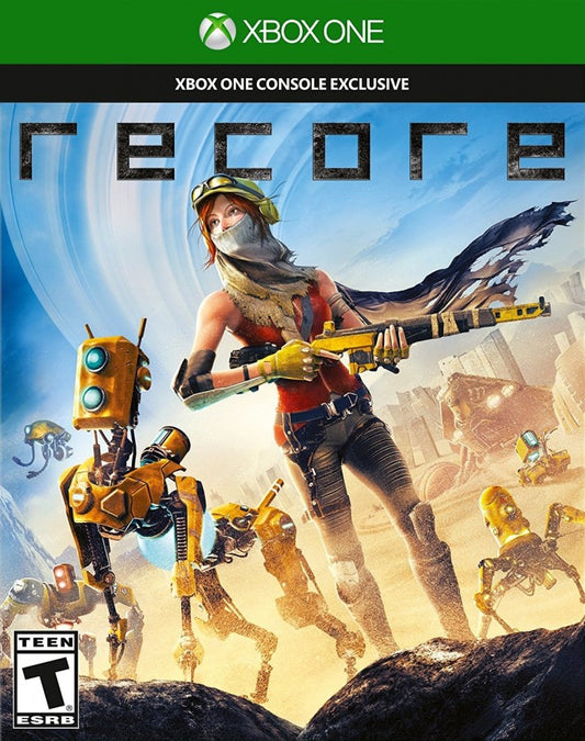 ReCore Xbox One action adventure sci fi platformer robot companions corebot gameplay exploration desert world shooter mechanics Metroidvania style traversal puzzle solving Armature Studio Comcept Microsoft Studios exclusive Xbox One game software futuristic adventure title front cover