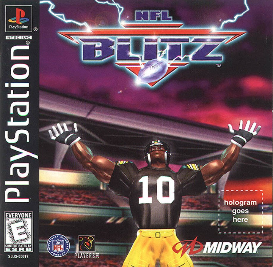 NFL Blitz arcade-style football video game for the original Sony PlayStation (PS1), featuring fast-paced American football action, hard-hitting tackles, powerful plays, exaggerated gameplay, quick matches, and intense multiplayer competition based on the popular NFL Blitz arcade series cover art