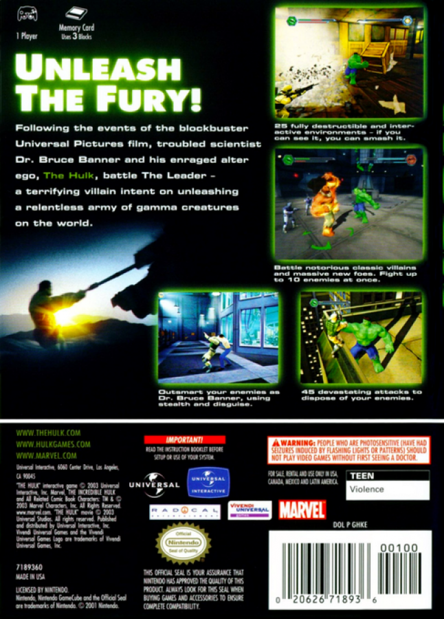 Hulk for GameCube featuring destructive action gameplay as the Incredible Hulk in an open environment back cover