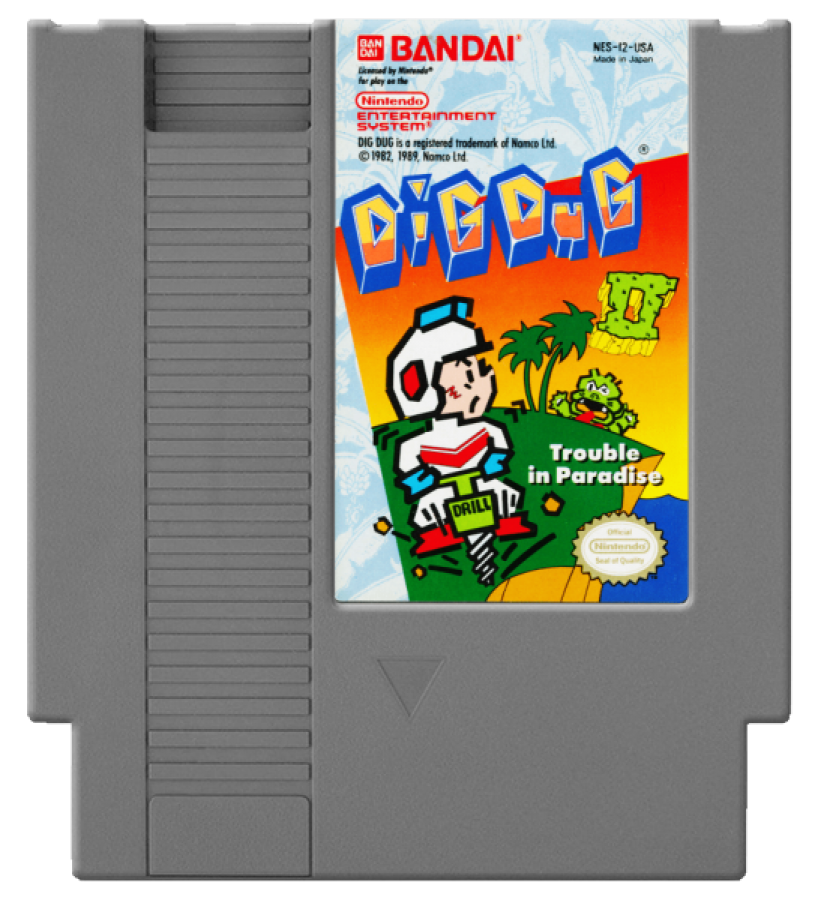 Dig Dug II Trouble in Paradise Nintendo Entertainment System NES video game featuring arcade action gameplay island exploration enemy digging rock crushing and air pump attacks strategic level challenges classic Dig Dug gameplay 8 bit retro video game collection collectible gaming appeal game cartridge