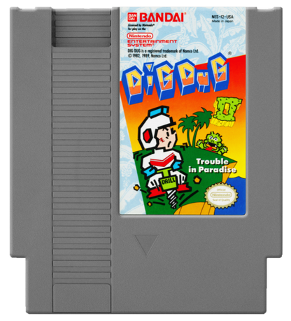 Dig Dug II Trouble in Paradise Nintendo Entertainment System NES video game featuring arcade action gameplay island exploration enemy digging rock crushing and air pump attacks strategic level challenges classic Dig Dug gameplay 8 bit retro video game collection collectible gaming appeal game cartridge