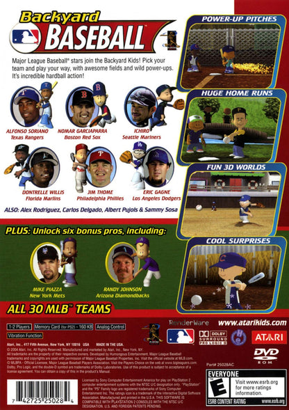 Backyard Baseball game for the PlayStation 2 featuring arcade style baseball gameplay with kid friendly characters real MLB players and fun backyard fields with accessible controls and multiplayer modes back cover