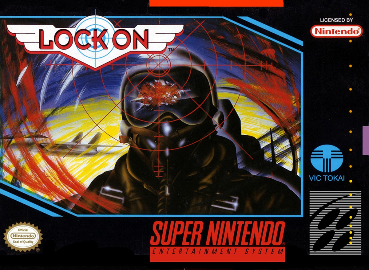 Lock On Super Nintendo Entertainment System SNES retro video game shoot em up action featuring fast paced aerial combat enemy aircraft challenging missions futuristic fighter jet gameplay classic 16 bit graphics Super Nintendo gaming experience retro game collection appeal cover art