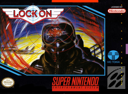 Lock On Super Nintendo Entertainment System SNES retro video game shoot em up action featuring fast paced aerial combat enemy aircraft challenging missions futuristic fighter jet gameplay classic 16 bit graphics Super Nintendo gaming experience retro game collection appeal cover art
