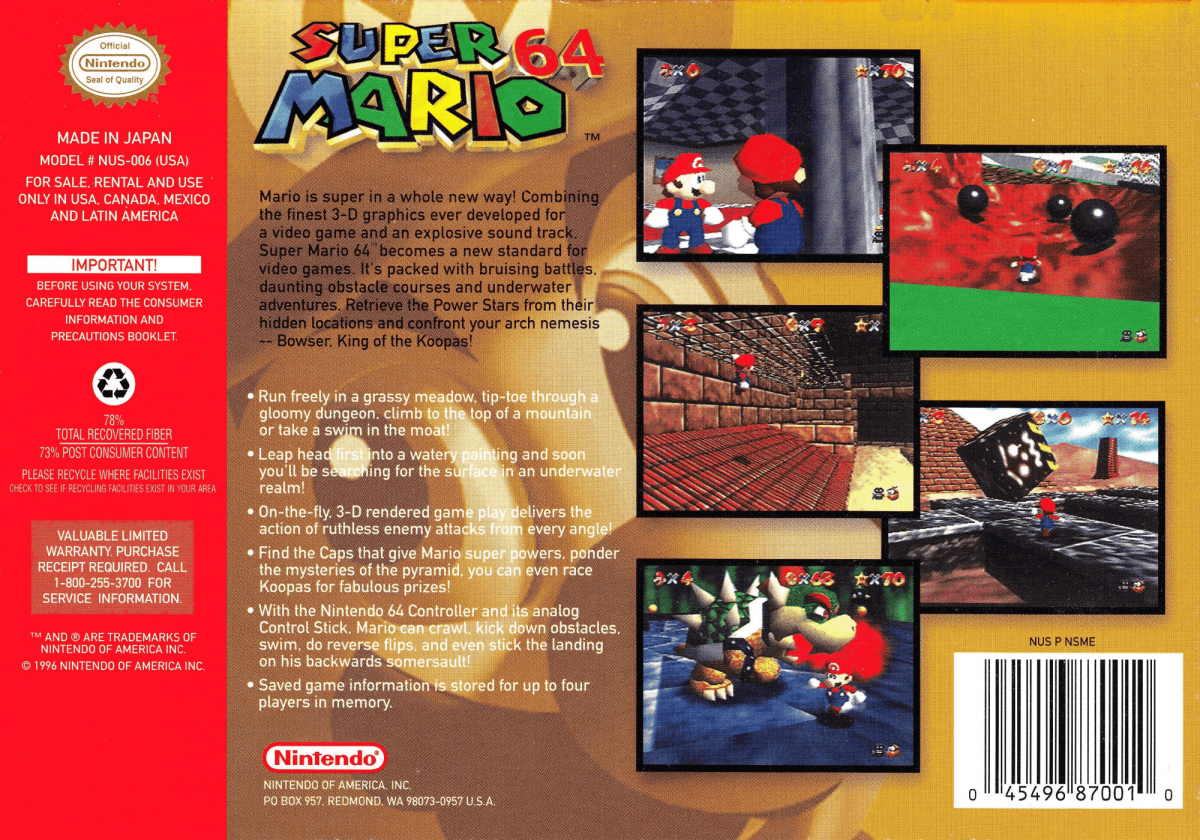 Super Mario 64 back cover art for Nintendo 64 (N64) video game