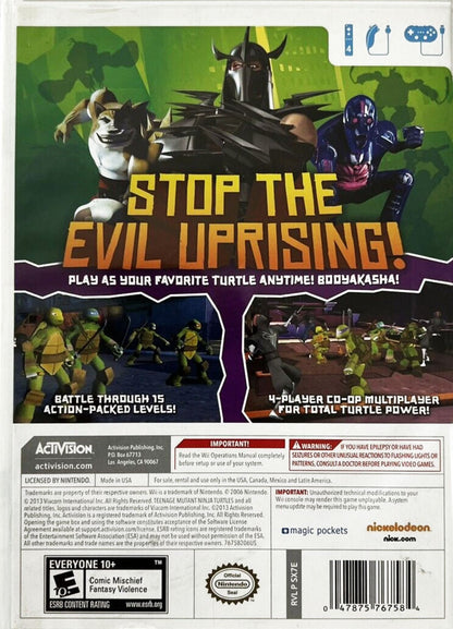 Teenage Mutant Ninja Turtles Nintendo Wii for action adventure video game fans featuring Leonardo Michelangelo Donatello and Raphael fast paced combat ninja moves enemy battles platforming challenges cooperative gameplay motion controls and classic TMNT entertainment collectible gaming appeal back cover art