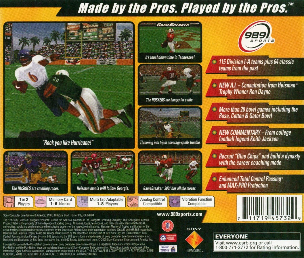 NCAA GameBreaker 2001 game for the PlayStation featuring college football gameplay with licensed teams season modes play calling mechanics and fast paced arcade style presentation with multiplayer competition back cover