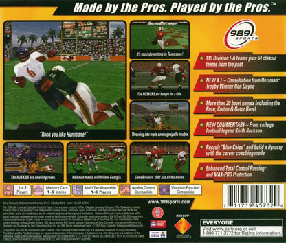 NCAA GameBreaker 2001 game for the PlayStation featuring college football gameplay with licensed teams season modes play calling mechanics and fast paced arcade style presentation with multiplayer competition back cover