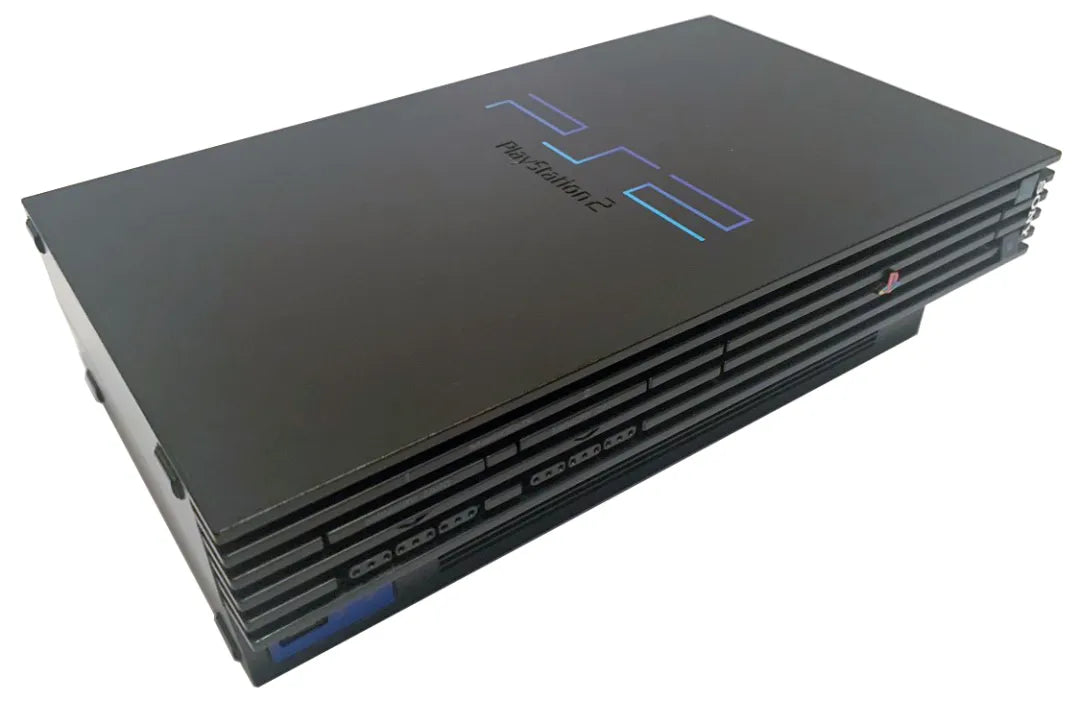 Top front view of a Sony PlayStation 2 console showing the disc tray, power and reset buttons, controller ports, and memory card slots from a slightly angled perspective.