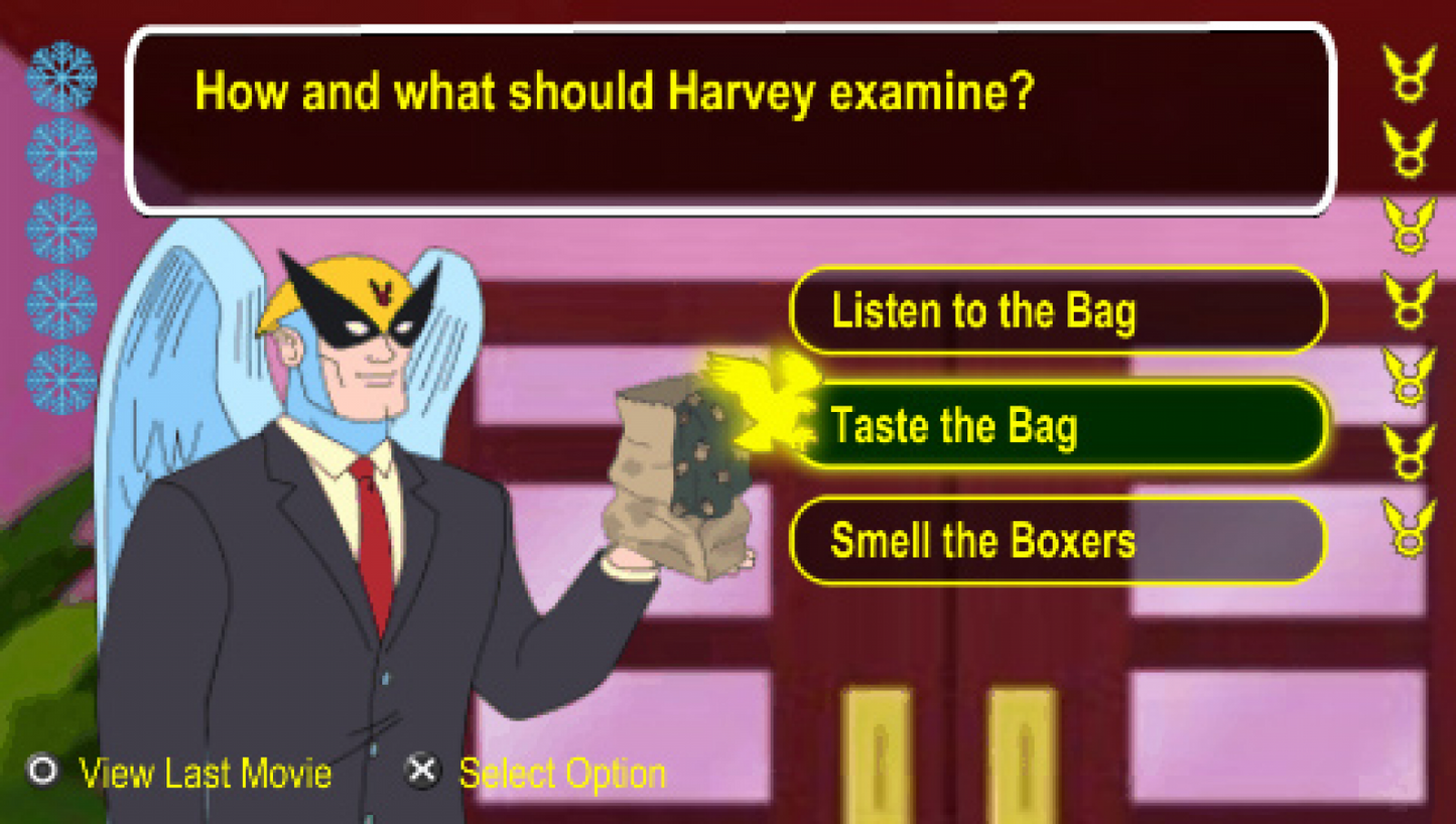 Harvey Birdman: Attorney at Law gameplay for PlayStation Portable (PSP) adventure visual novel video game