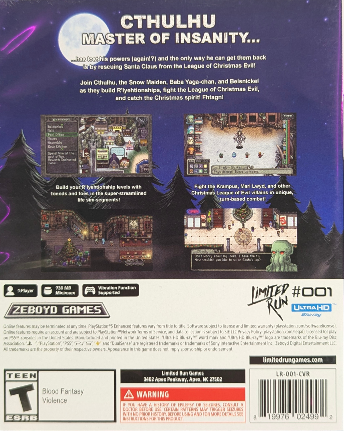 Cthulhu Saves Christmas Limited Run 001 PlayStation 5 turn-based comedy RPG cosmic horror holiday setting humorous retro-inspired adventure quirky party members back cover