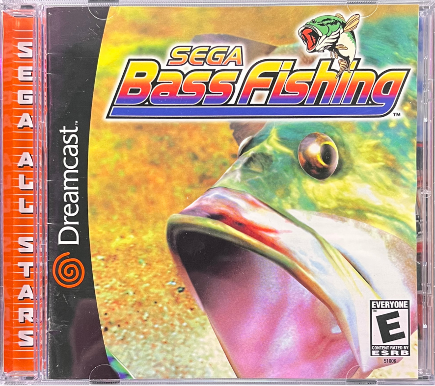 Sega Bass Fishing Sega All Stars Dreamcast inspired design featuring arcade fishing simulation aesthetic realistic lake environments competitive angling gameplay classic Sega sports action relaxing outdoor adventure iconic Dreamcast nostalgia presentation front cover