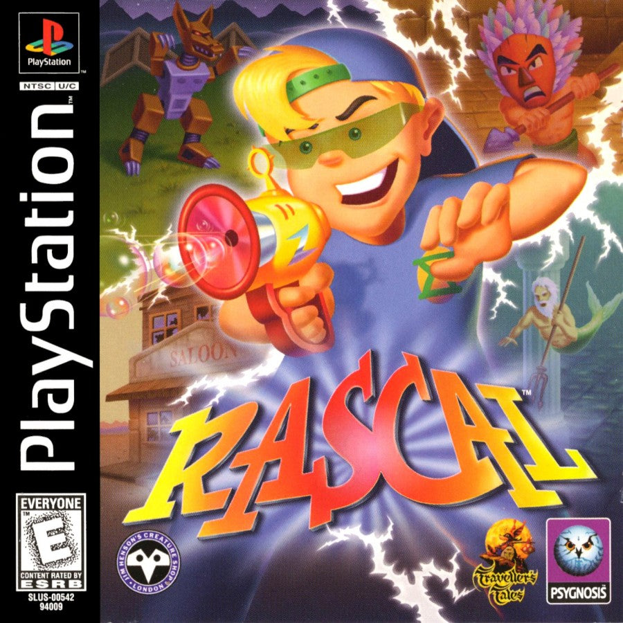 Rascal 3D platformer video game for the original Sony PlayStation (PS1), featuring the mischievous time-traveling hero Rascal as he uses his bubble gun to battle enemies, explore different time periods, solve puzzles, collect items, and rescue his kidnapped inventor father across medieval castles, Atlantis, pirate ships, prehistoric worlds, the Wild West, and the Time Dimension cover art