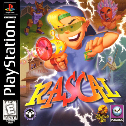 Rascal 3D platformer video game for the original Sony PlayStation (PS1), featuring the mischievous time-traveling hero Rascal as he uses his bubble gun to battle enemies, explore different time periods, solve puzzles, collect items, and rescue his kidnapped inventor father across medieval castles, Atlantis, pirate ships, prehistoric worlds, the Wild West, and the Time Dimension cover art