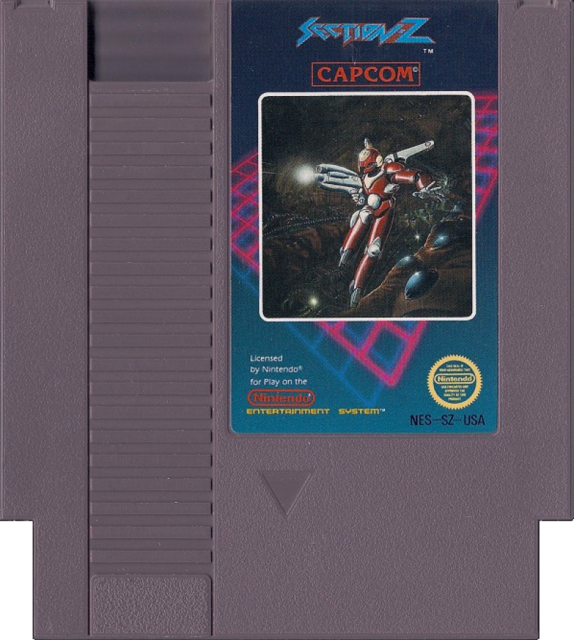 Section Z retro NES video game Section Z sci fi shooter side scrolling action space combat futuristic arcade gameplay classic console title Nintendo Entertainment System release cartridge