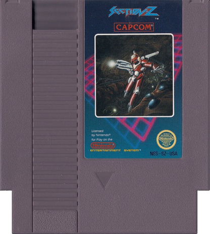 Section Z retro NES video game Section Z sci fi shooter side scrolling action space combat futuristic arcade gameplay classic console title Nintendo Entertainment System release cartridge