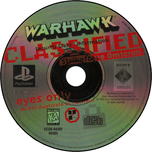 Warhawk [Long Box] for PlayStation 1 (PS1) at Gamers INC, featuring the high-flying 3D flight combat classic in its rare, collectible early-release "Long Box" packaging; take to the skies as a pilot of the advanced Warhawk fighter to defend your nation against the tyrannical Kreel, engaging in intense dogfights and bombing runs across diverse terrain in one of the PlayStation's earliest showcases of cinematic aerial action and groundbreaking polygon graphics disc