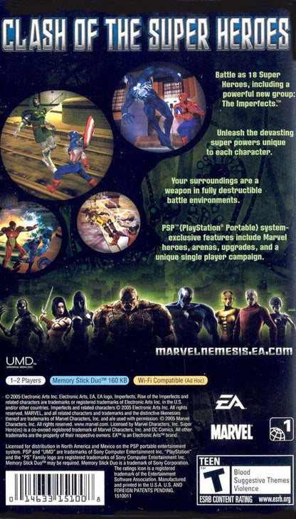 Marvel Nemesis: Rise of the Imperfects for PlayStation Portable (PSP) featuring a gritty superhero brawler where Marvel icons like Spider-Man and Wolverine face off against a powerful new team of alien-enhanced warriors; engage in brutal, environment-smashing combat across destructible arenas and uncover the sinister plot of the Imperfects in this dark, high-stakes expansion of the Marvel Universe optimized for handheld play back cover