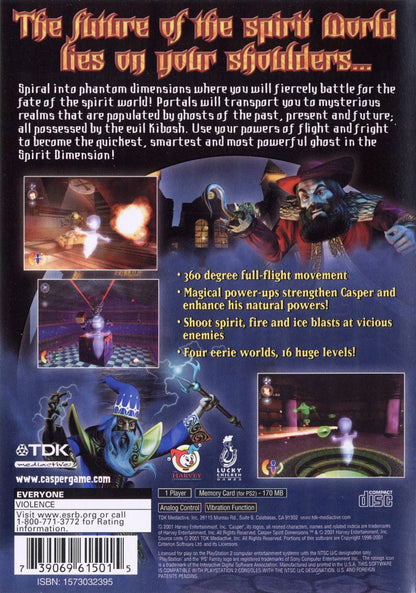 Casper Spirit Dimensions PS2 Sony PlayStation 2 platformer adventure game Casper the Friendly Ghost 3D platforming puzzle solving exploration kids family game spooky themed levels classic retro gaming PlayStation 2 software video game title back cover art