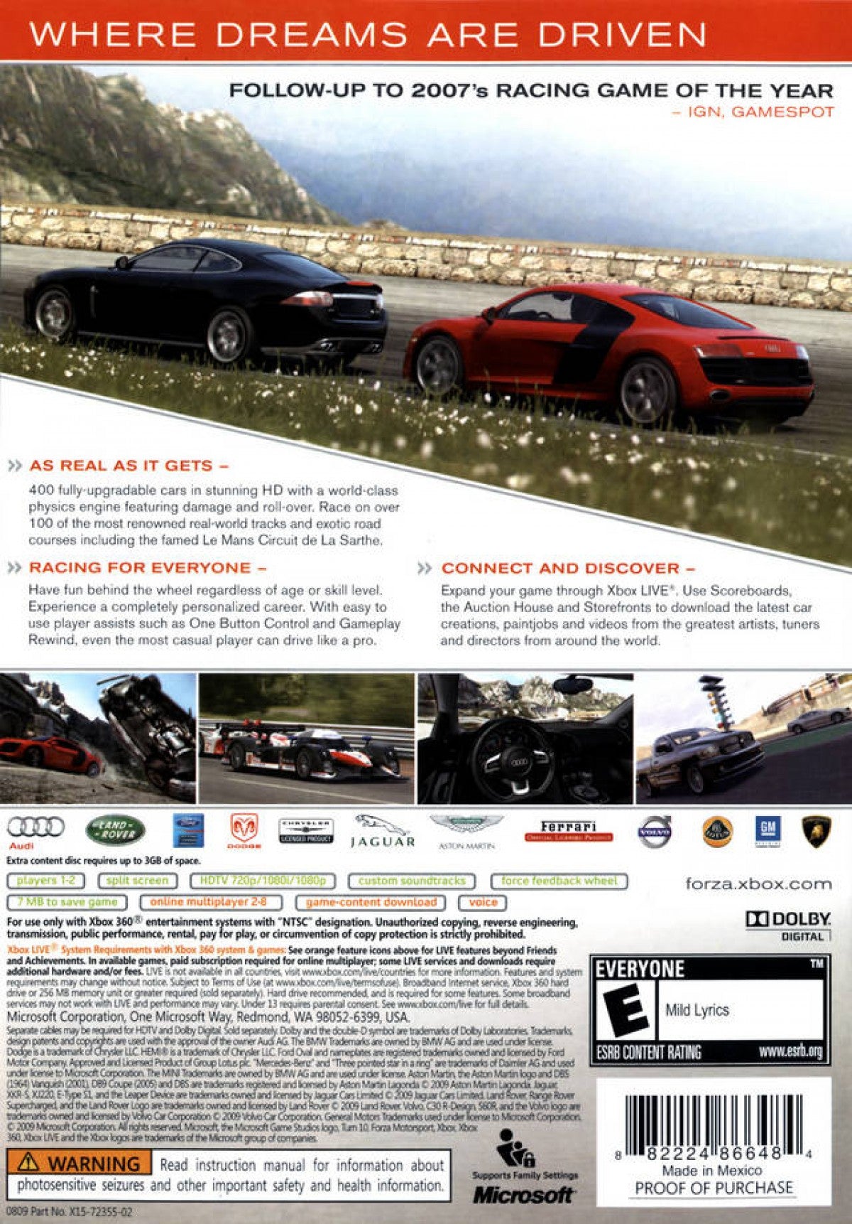 Forza Motorsport 3 for Xbox 360 racing simulation video game featuring realistic driving physics extensive car roster detailed tracks and immersive motorsports career experience back cover art 