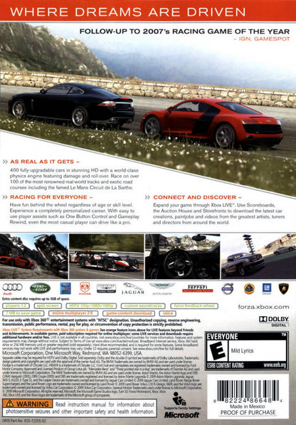 Forza Motorsport 3 for Xbox 360 racing simulation video game featuring realistic driving physics extensive car roster detailed tracks and immersive motorsports career experience back cover art 